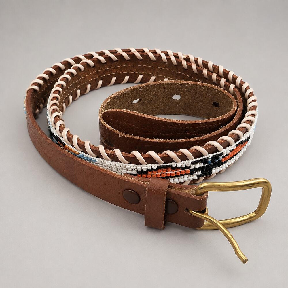 Genuine Leather Beaded Belt Women’s Small Brown Boho Western Gold Tone Buckle